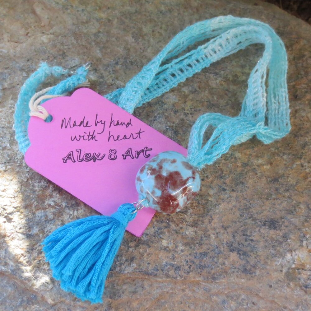 New Necklace Teal Brown Handcrafted Boho Fiber Painted Ceramic Tassel